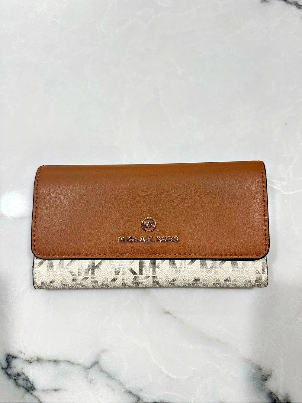 Michael Kors Jet Set Travel Large Trifold Wallet Brown & White
